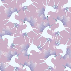 Gentle seamless pattern with cute white unicorns with mane in shape of autumn leaves on light purple background. Print for fabric. Watercolor imitation.