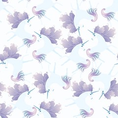 Fototapeta na wymiar Elegant seamless pattern with cute unicorns with mane in shape of autumn leaves. Print for fabric.