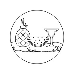 pineapple with watermelon and cocktail cup in beach