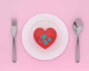 Creative idea layout made of heart on plate with spoons and forks on pink color background. minimal healthcare concept.