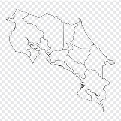 Blank map Costa Rica. High quality map of  Costa Rica with provinces on transparent background for your web site design, logo, app, UI. Stock vector. Vector illustration EPS10. 