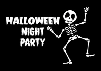 Halloween night party greeting card with cute skeleton. Holidays cartoon character vector.