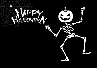 Fototapeta na wymiar Happy Halloween greeting card with cute head pumpkin skeleton. Holidays cartoon character vector.
