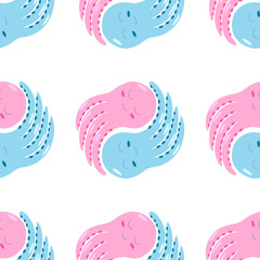 Cute octopus boy and girl in cartoon underwater style. The boy is blue and the pink girl is yin yang. Suitable as a pattern for the nursery, fabrics and wallpaper. Funny octopus