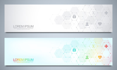 Banners design template for healthcare and medical decoration with flat icons and symbols. Science, medicine and innovation technology concept.
