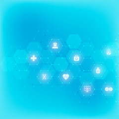 Abstract medical background with flat icons and symbols. Template design with concept and idea for healthcare technology, innovation medicine, health, science and research.