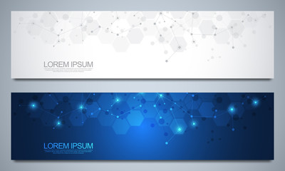 Banners design template with molecular structures and neural network. Abstract molecules and genetic engineering background. Science and innovation technology concept.