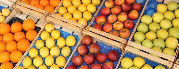 frische Äpfel, Zitronen und Orangen