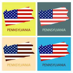 Pennsylvania state of America with map. Flag print on map of USA for geographic themes. Map of Pennsylvania state.