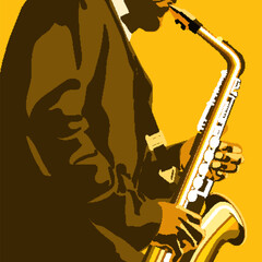 abstract music illustration with saxophone player - obrazy, fototapety, plakaty