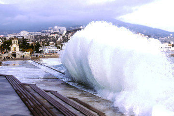 Splash wave. Storm in the black sea off the coast of Yalta. Black Sea.
