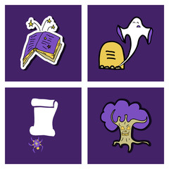 Vector collection of Halloween flat celebration cards, flayers with funny , traditional halloween elements and spooky party symbols isolated on colored background. Banner, poster design