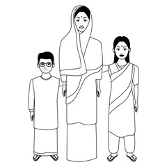 indian family avatar cartoon character in black and white