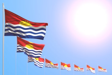 cute celebration flag 3d illustration. - many Kiribati flags placed diagonal with selective focus and free place for content