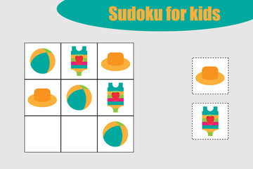 First Sudoku game with summer beach pictures for children, easy level, education game for kids, preschool worksheet activity, task for the development of logical thinking, vector illustration - 274534131