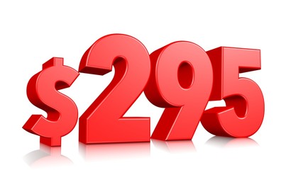 295$  Two hundred ninety five price symbol. red text number 3d render with dollar sign on white background
