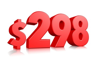 298$ Two hundred ninety eight price symbol. red text number 3d render with dollar sign on white background