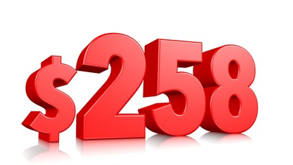 258$ Two hundred and fifty eight price symbol. red text number 3d render with dollar sign on white background
