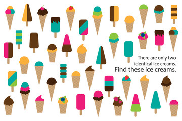 Find two identical ice creams, summer fun education puzzle game for children, preschool worksheet activity for kids, task for the development of logical thinking and mind, vector illustration - 274534500