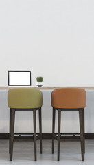 Vertical Image Including Two Empty Chairs and a Table with a Laptop and Plant 3D Rendering