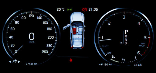Car dashboard panel with speedometer, tachometer, odometer, fuel gauge, open door indicator, seat belt reminder and gear position indicator. Modern car digital LCD instrument cluster.