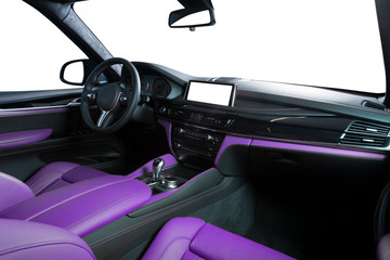 Modern luxury car Interior - steering wheel, shift lever and dashboard. Car interior luxury inside....
