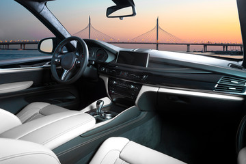 Modern luxury car Interior - steering wheel, shift lever and dashboard. Car interior luxury inside....