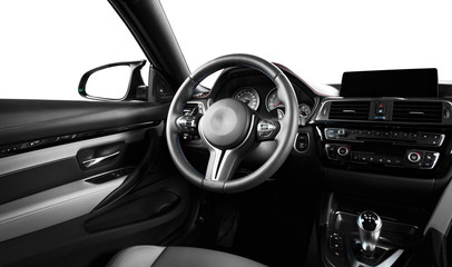 Modern luxury car Interior - steering wheel, shift lever and dashboard. Car interior luxury inside....
