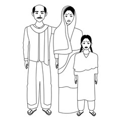 indian family avatar cartoon character in black and white