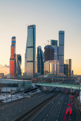 Russian city landscape, Moscow financial center, global economy, highway