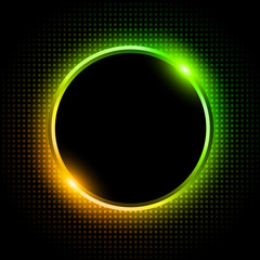 Silver sparkling ring with green orange neon glitter on black background