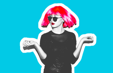 Acid crazy beautiful rock. A girl in a bright pink wig and sunglasses. Dangerous rock party is boring, a woman ironically having fun. Flash style on a colored background. Exclusive