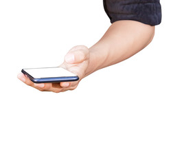 hand man holding mobile phone with blank screen isolated on white background