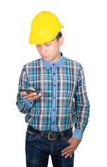 Businessman engineer talk command with cell phone with 5g network, high-speed mobile Internet. and wear wear yellow safety helmet plastic. future  technology concept on white background