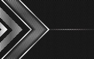 Black abstract silver technology geometric background. Line metallic shape with light hexagon pattern composition