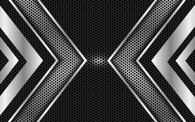 Black abstract silver technology geometric background. Line metallic shape with light hexagon pattern composition