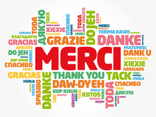 Merci (Thank You in French) word cloud in different languages