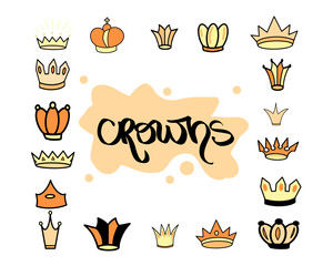 Hand drawn crown yellow orange different tiara set for princess. Cute isolated diadem vector illustration for wedding icon, logo, wallpaper design. Doodle sketch style. Luxury crowns element by brush.