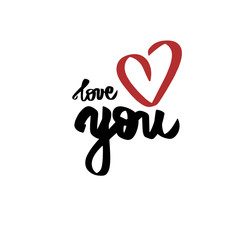 Love You black lettering with red heart. Hand drawn vector sign positive lovely quote on romantic typography style. Graphic design handwritten calligraphy inscription. Happy Valentines Day celebration