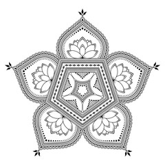 Circular pattern in form of mandala with flower for Henna, Mehndi, tattoo, decoration. Decorative ornament in ethnic oriental style. Outline doodle hand draw vector illustration.