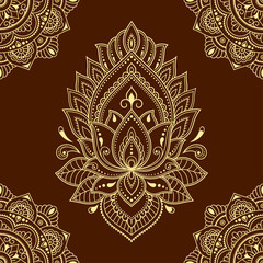 Seamless decorative ornament in ethnic oriental style. Circular pattern in form of mandala and Lotus flower for Henna, Mehndi, tattoo, decoration. Doodle outline hand draw vector illustration.