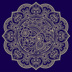 Color circular pattern in form of mandala with flower for decoration or print. Decorative ornament in ethnic oriental style. Gold design on blue background.