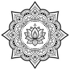 Circular pattern in form of mandala with lotus flower for Henna, Mehndi, tattoo, decoration. Decorative ornament in ethnic oriental style. Outline doodle hand draw vector illustration.
