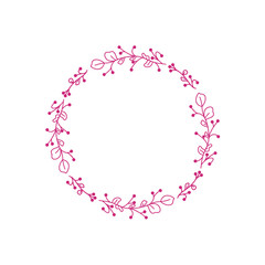 Round Frame. Wreath flower card. Plant craft postcard graphic design element. Children drawing handmade cutout art. Handdrawn vector red circle floral frame. For wedding invitation, banner.