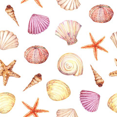 Watercolor seamless pattern with underwater life objects - seashells, starfish, corals, stones and sea urchin. - 274543913