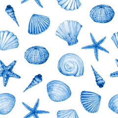 Watercolor seamless pattern with underwater life objects - seashells, starfish, corals, stones and sea urchin. - 274543988