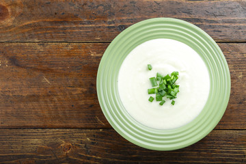 French Du Barry soup cauliflower close-up on the table. horizontal view from above
