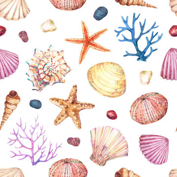 Watercolor seamless pattern with underwater life objects - seashells, starfish, corals, stones and sea urchin.