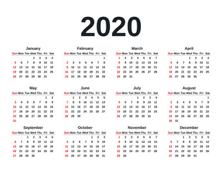 Calendar 2020 in simple style. Vector. Stationery 2020 year template in minimal design. Week starts Sunday. Yearly calendar organizer for weeks. Landscape orientation illustration.