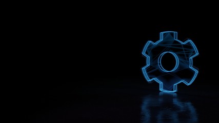 3d glowing wireframe symbol of symbol of cogwheel isolated on black background